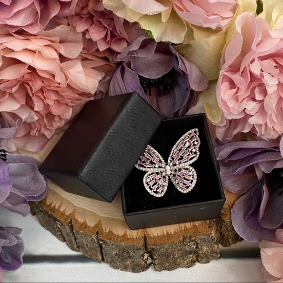 Sparkly Pink and Silver Crystal Butterfly Ring - Picture 8 of 13